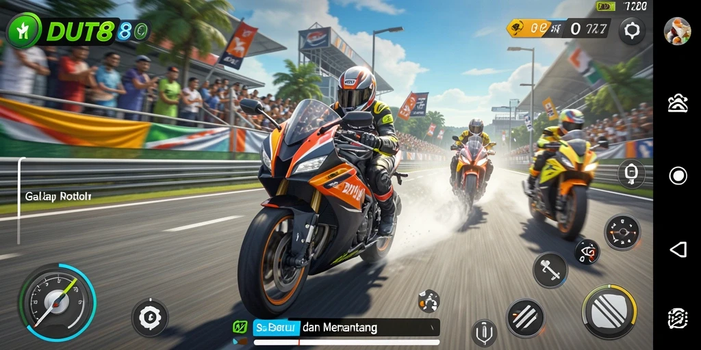 Gameplay seru di DUIT8 dengan aksi balap motor yang mendebarkan.