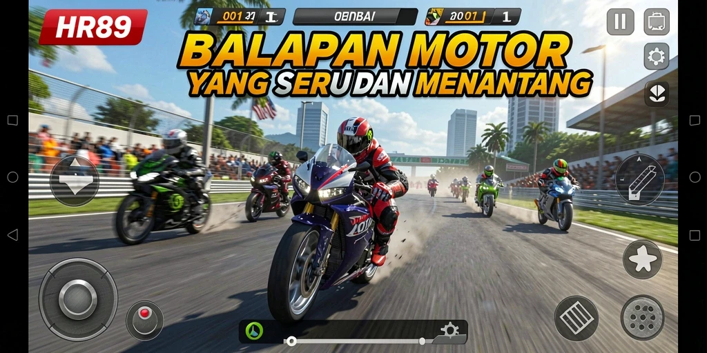 Screenshot gameplay HR89 menampilkan aksi balapan motor yang intens.