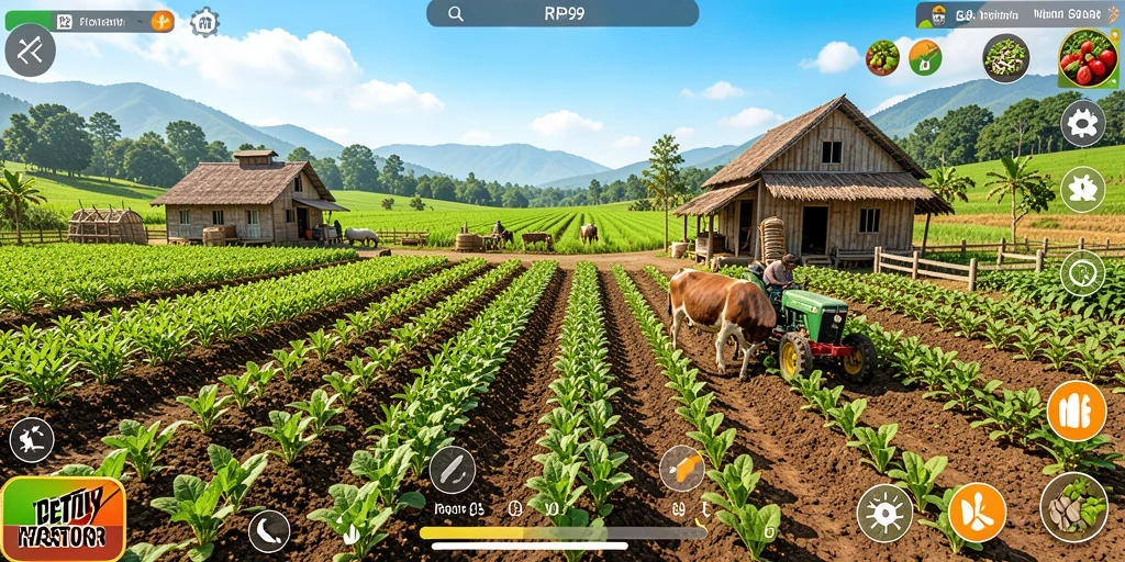 Tampilan gameplay RP99 yang menampilkan suasana pertanian yang asri.