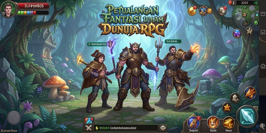 Tampilan utama gameplay <strong>SUPER805</strong> menunjukkan pertarungan epik di dunia fantasi.
