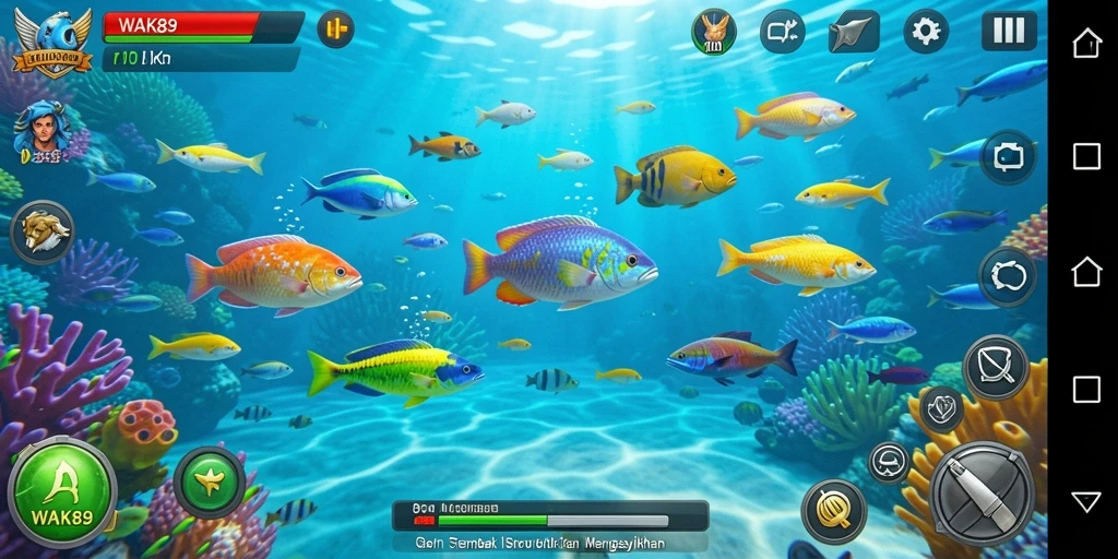 Menampilkan gameplay menarik dalam WAK89 dengan berbagai ikan untuk ditangkap.
